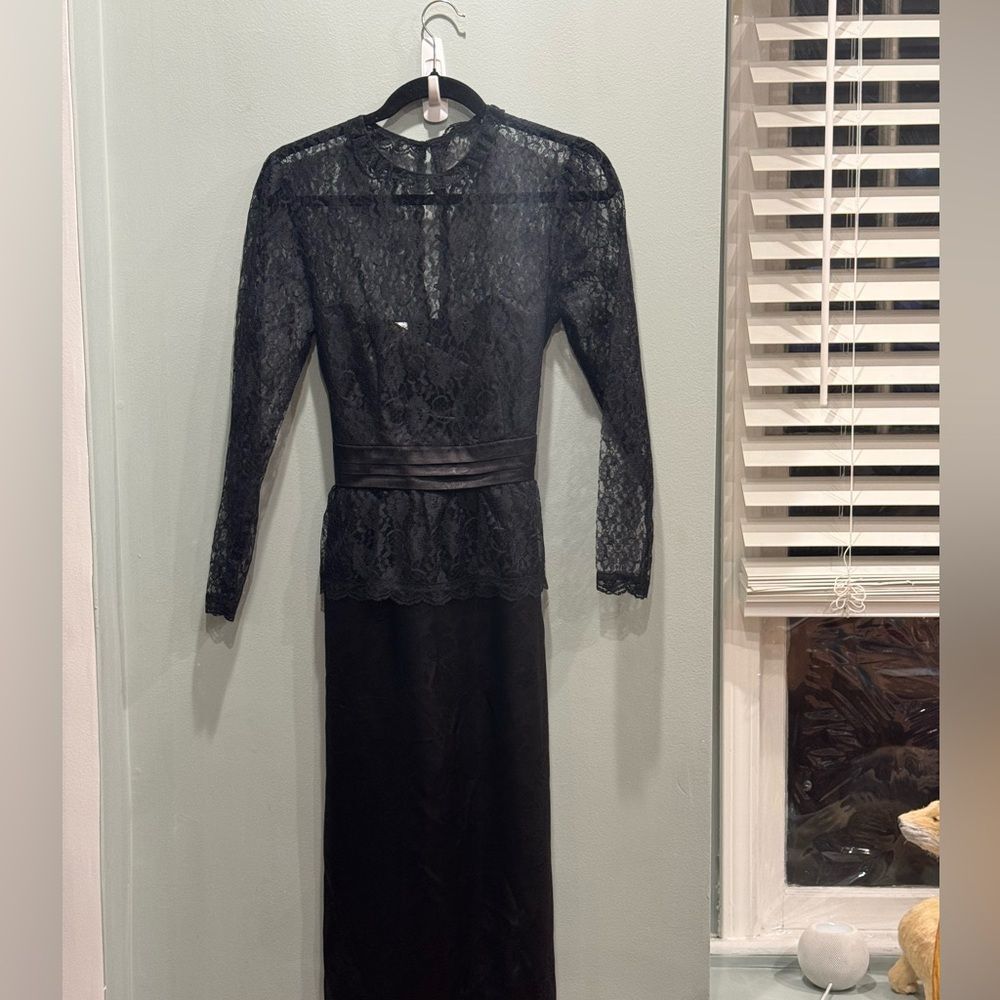 Gunne Sax Dress Long Sleeve Lace Belted Midi Vintage Black Size Estimated XS